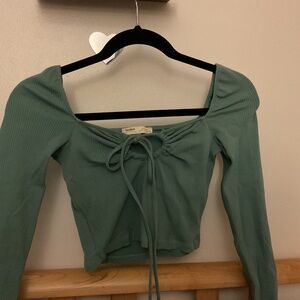 Light Green Long Sleve Crop Top With Tie Front